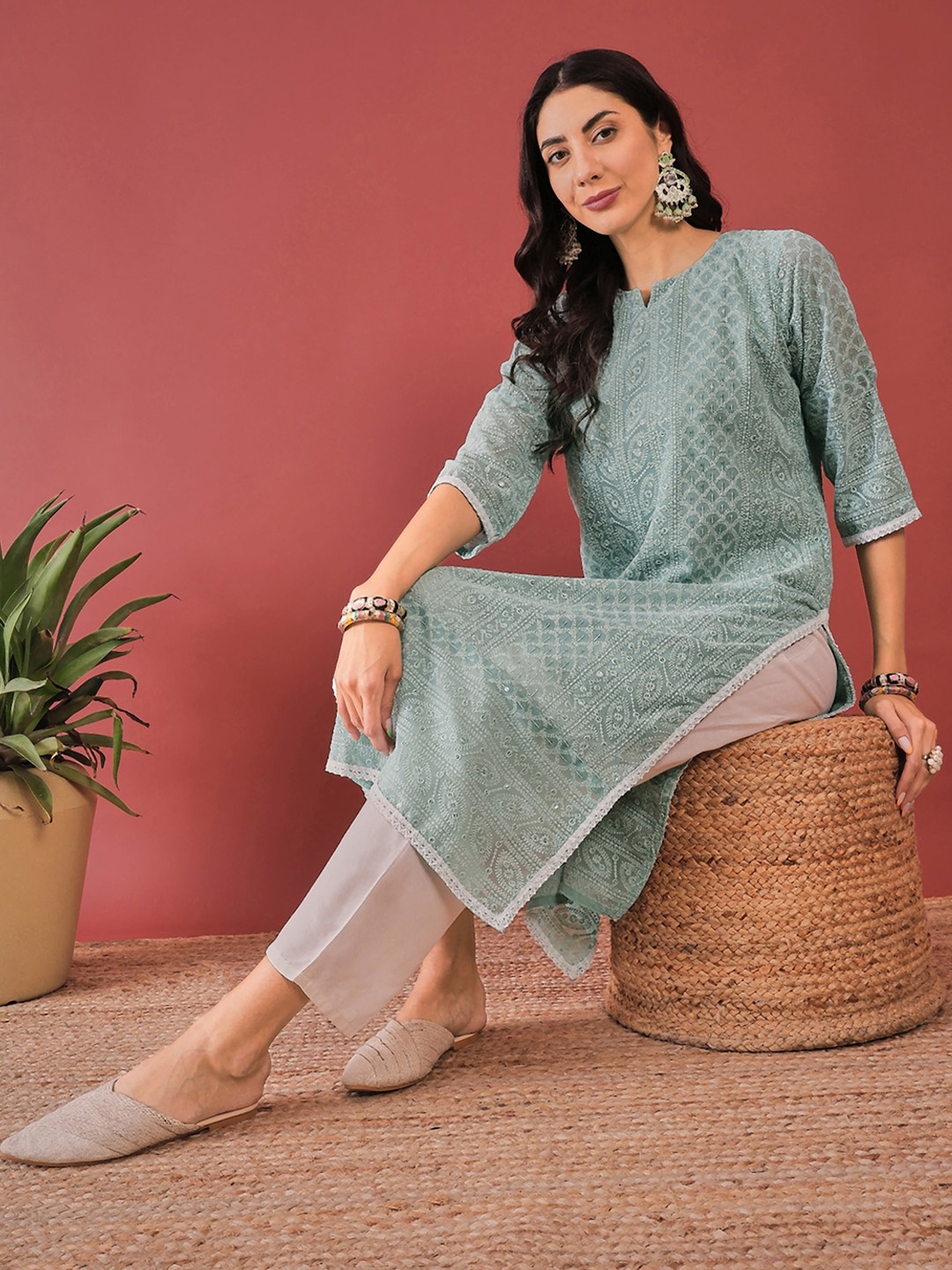 

Anouk Grey Ethnic Motifs Embroidered Chikankari Georgette Straight Kurta