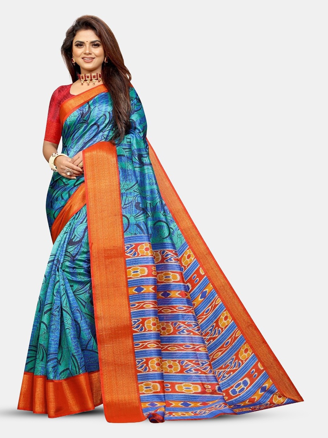 

Aardiva Floral Zari Silk Cotton Saree, Blue