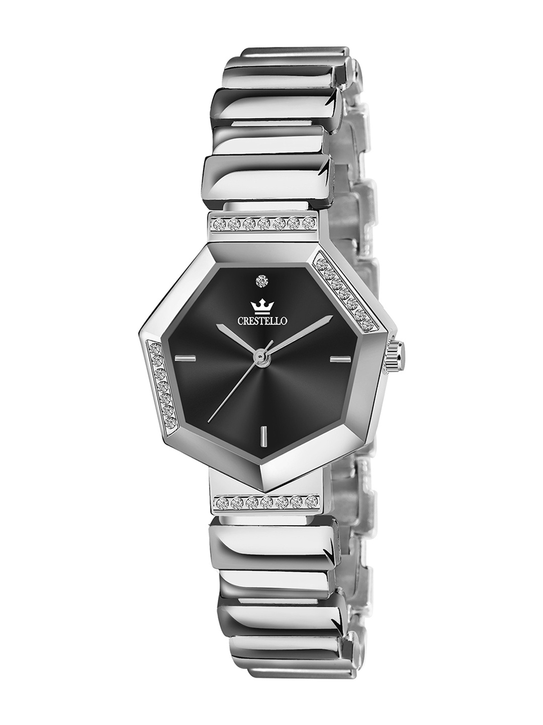 

CRESTELLO Women Embellished Dial & Bracelet Style Straps Analogue Watch CR-JWL151-BLK-SLV, Silver