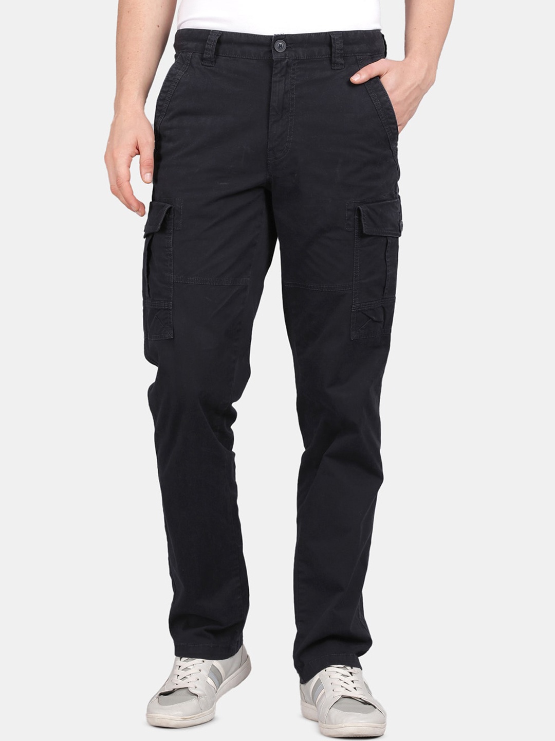 

t-base Men Mid-Rise Flat-Front Plain Zip Cotton Cargos Trouser, Navy blue