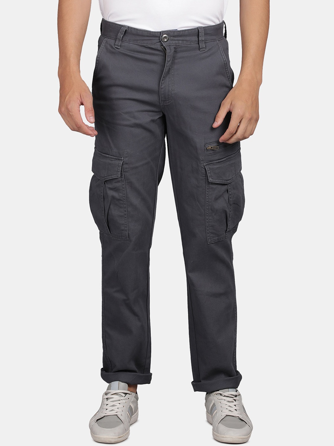 

t-base Men Mid-Rise Flat-Front Plain Zip Cotton Cargos Trouser, Grey