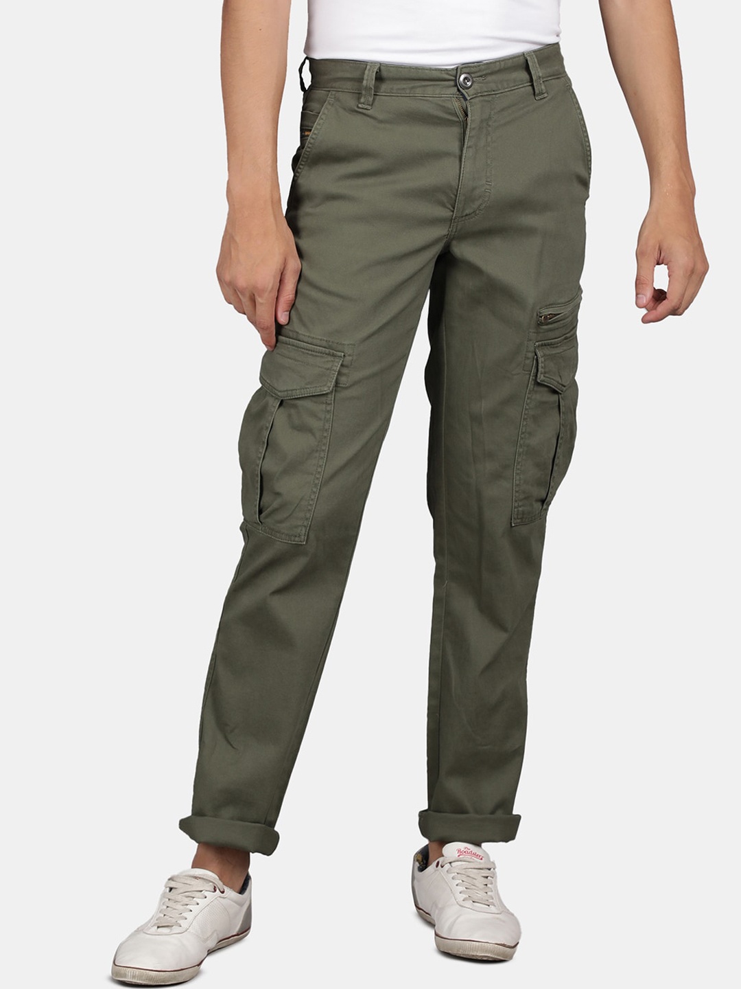 

t-base Men Mid-Rise Flat-Front Plain Zip Cotton Cargos Trouser, Olive