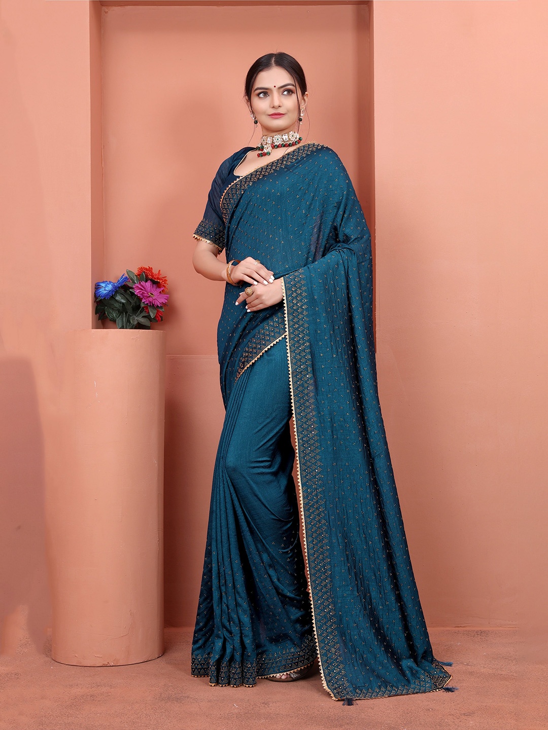 

SWADESI STUFF Embellished Pure Georgette Saree, Blue