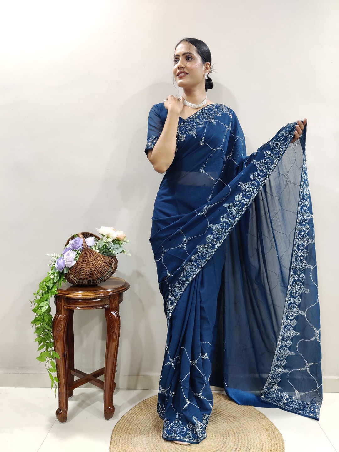 

SWADESI STUFF Embellished Pure Georgette Saree, Blue