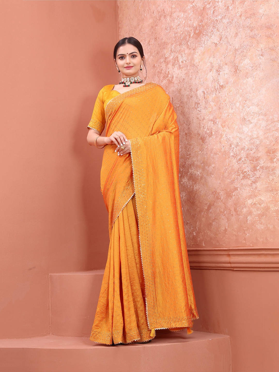 

SWADESI STUFF Embellished Pure Georgette Saree, Yellow