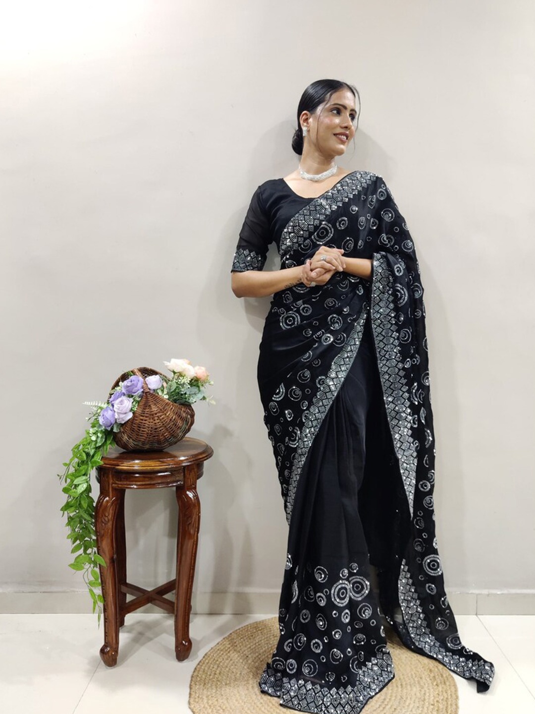 

SWADESI STUFF Embellished Pure Georgette Saree, Black