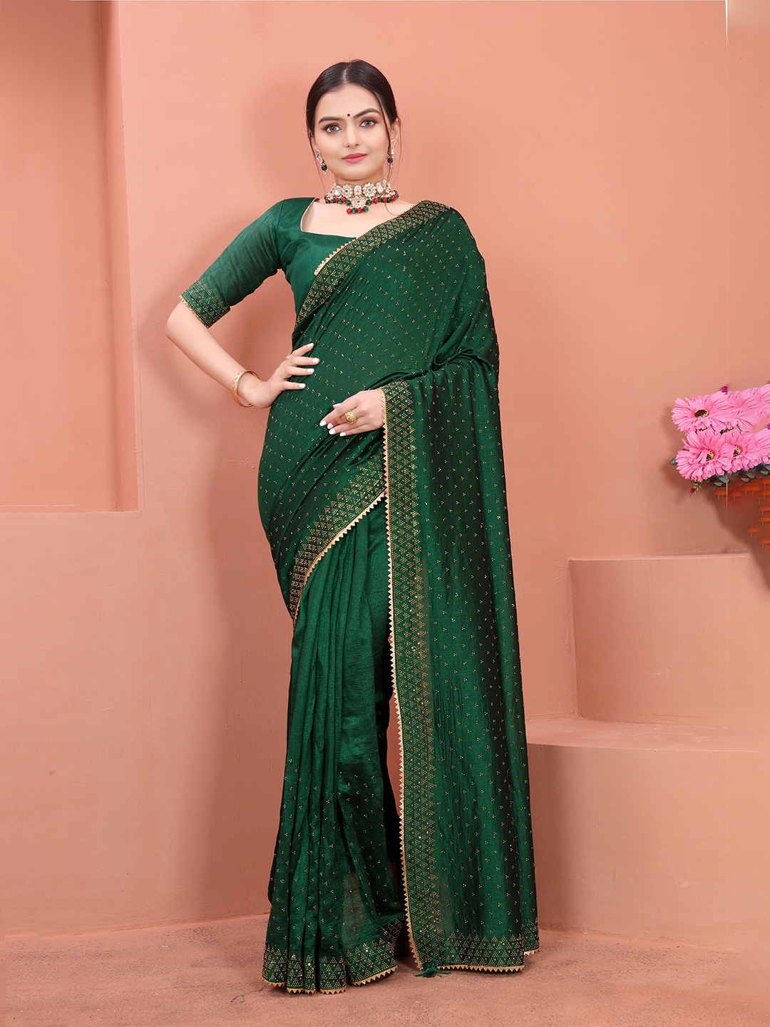 

SWADESI STUFF Embellished Pure Georgette Saree, Green