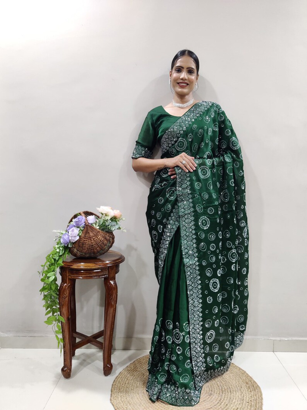 

SWADESI STUFF Embellished Pure Georgette Saree, Green