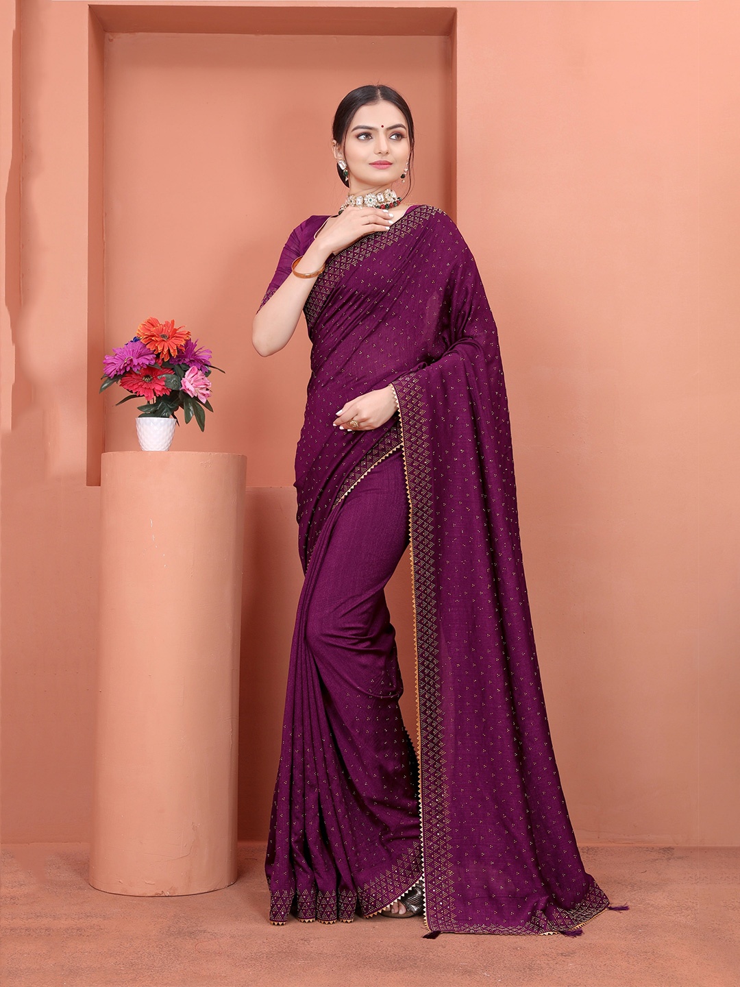 

SWADESI STUFF Embellished Pure Georgette Saree, Violet