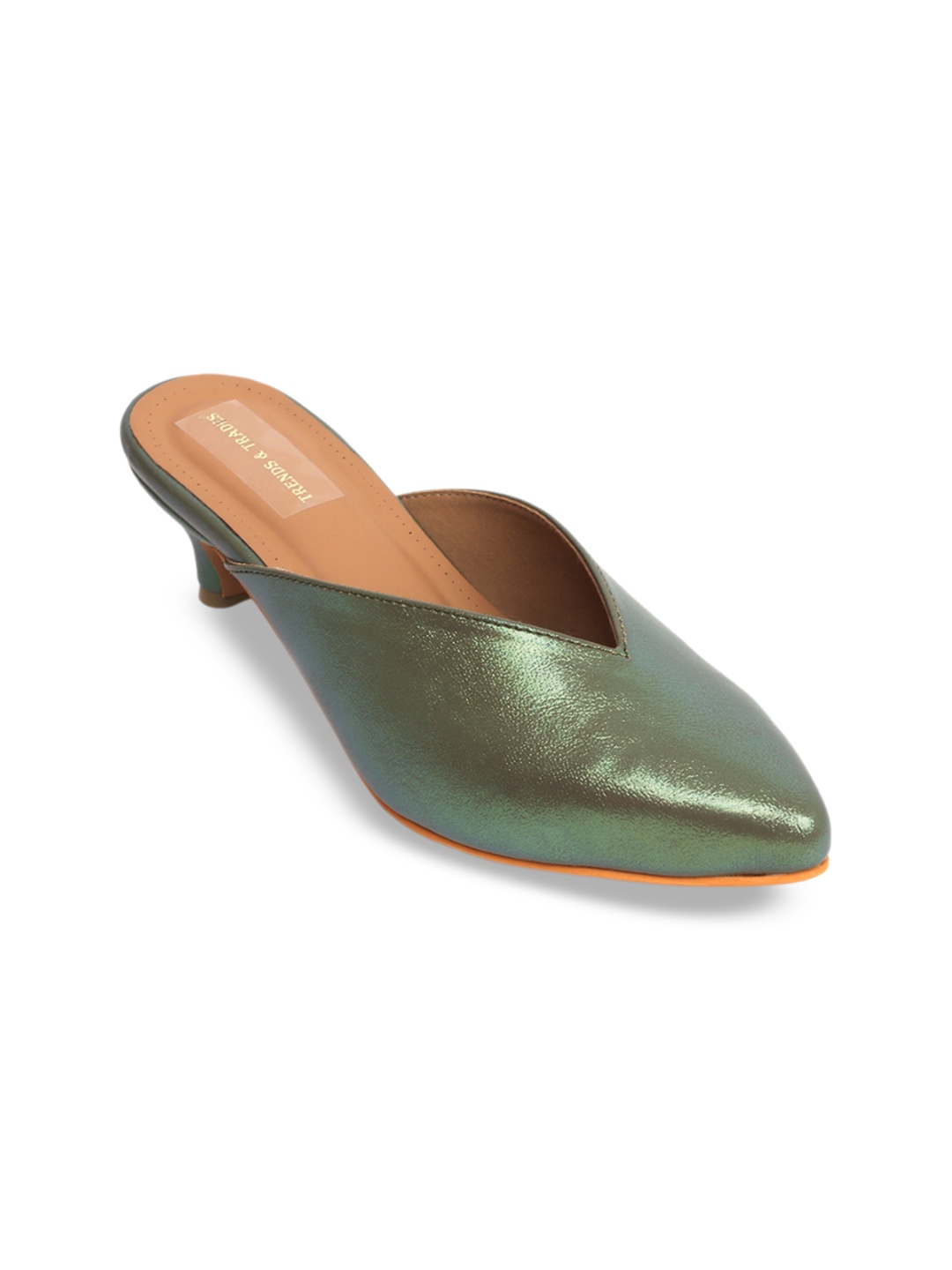 

TRENDS & TRADES Textured Pointed Toe Kitten Heel Mules, Green