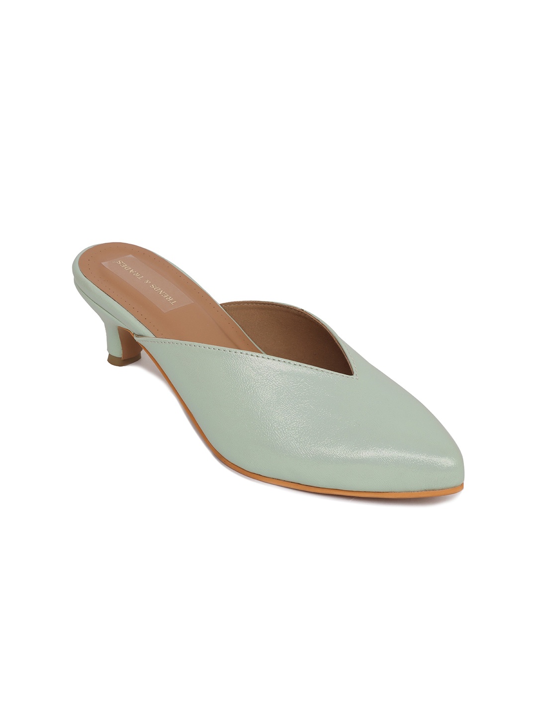 

TRENDS & TRADES Pointed Toe Kitten Heeled Mules, Green