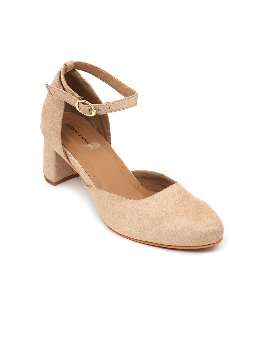 

TRENDS & TRADES Round Toe Suede Block Heeled Pumps, Beige