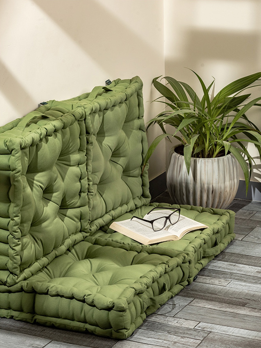

SKANDA FAB 4 Pieces Green Quilted Pure Cotton Square Floor Cushions