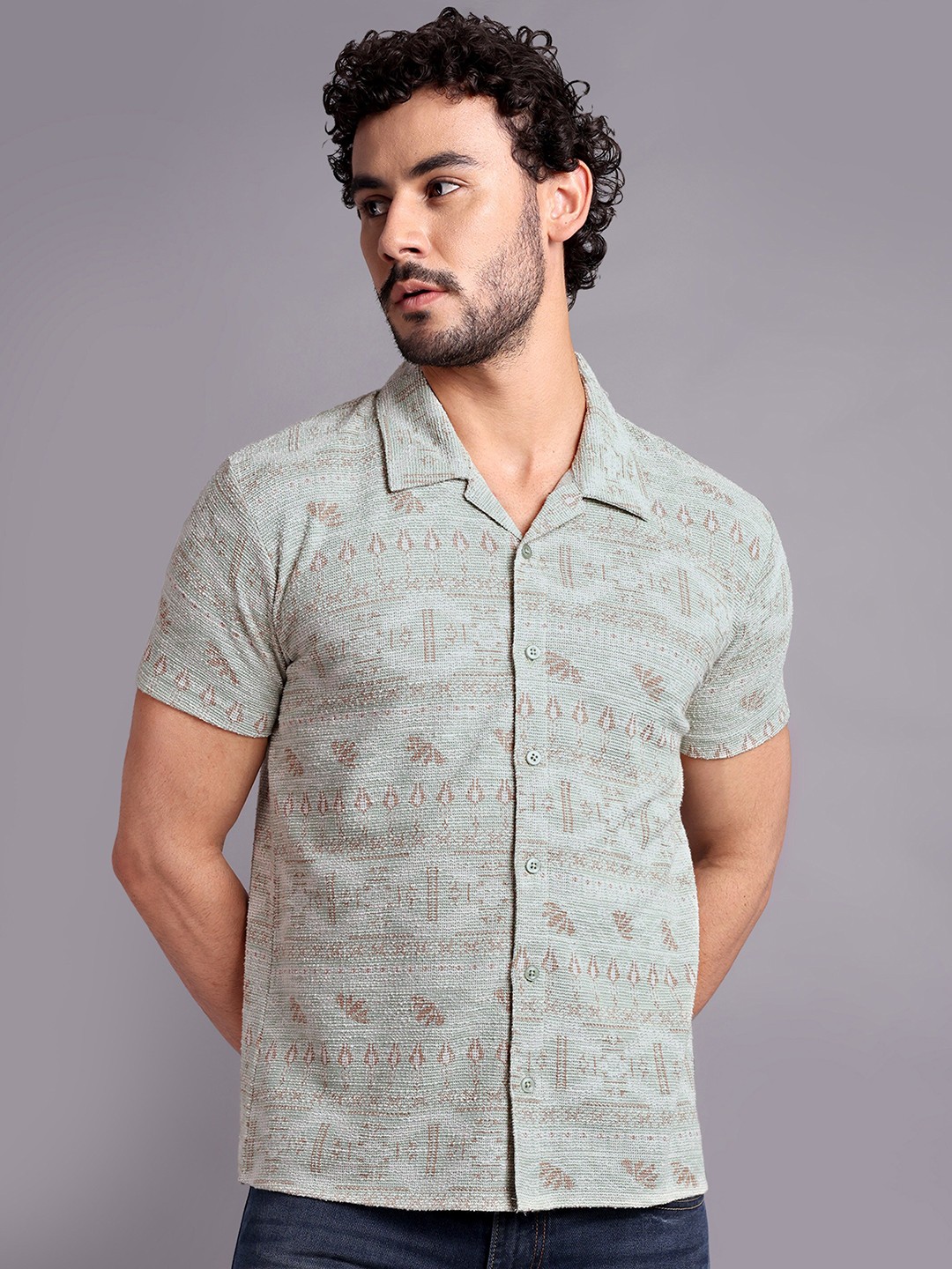 

REPRISE Muscle Slim Fit Spread Collar Floral Printed cotton Casual Shirt, Green