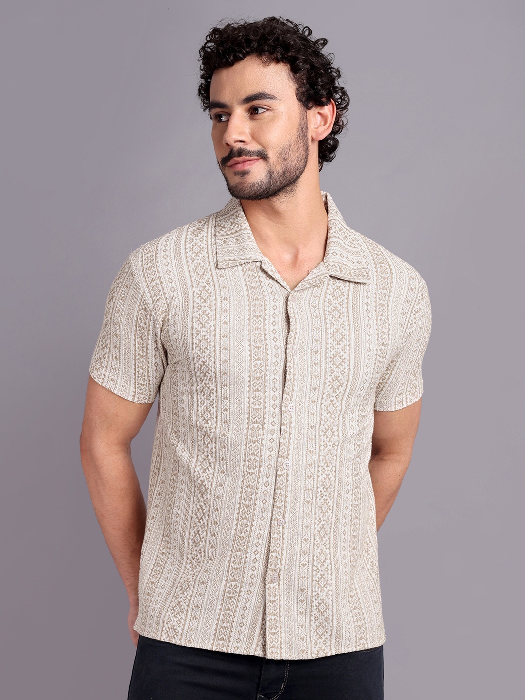 

REPRISE Muscle Slim Fit Spread Collar Printed Cotton Casual Shirt, Beige