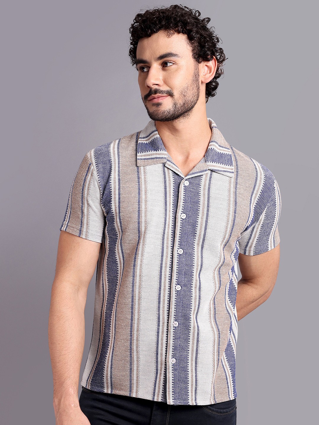 

REPRISE Muscle Slim Fit Spread Collar Multi Stripes Opaque Striped Cotton Casual Shirt, Blue