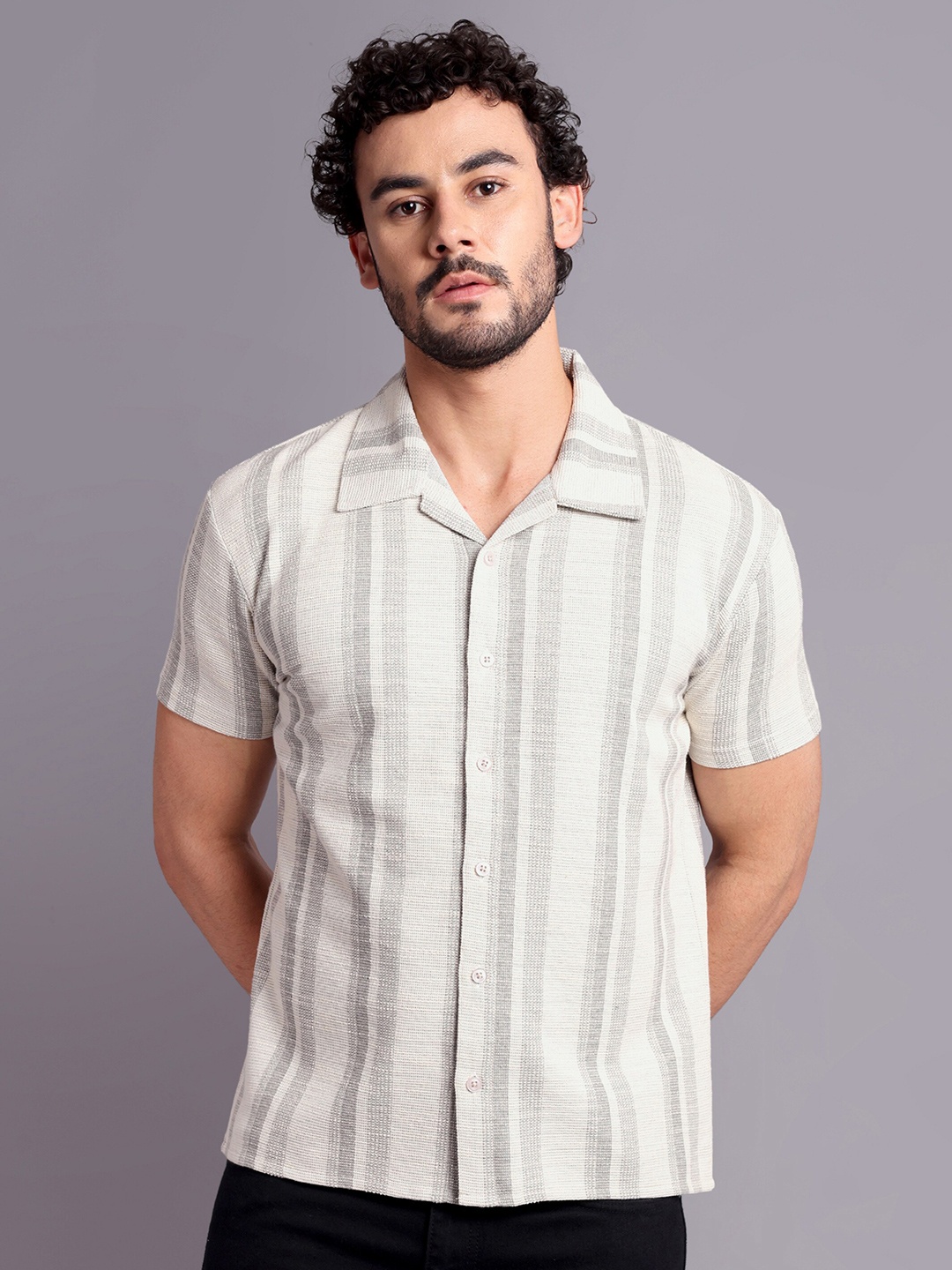

REPRISE Muscle Slim Fit Spread Collar Striped Cotton Casual Shirt, Off white
