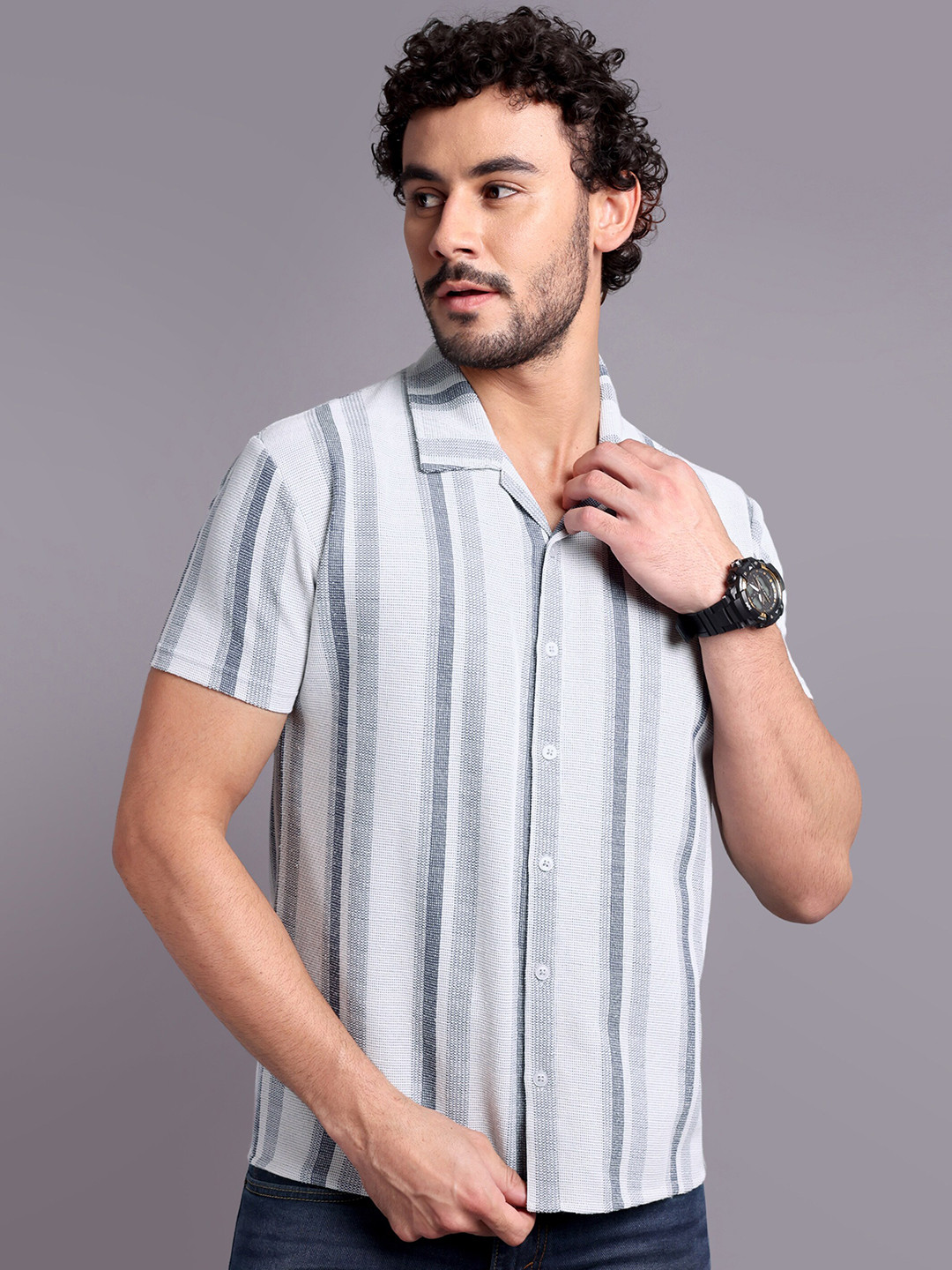 

REPRISE Muscle Slim Fit Spread Collar Striped Cotton Casual Shirt, Grey