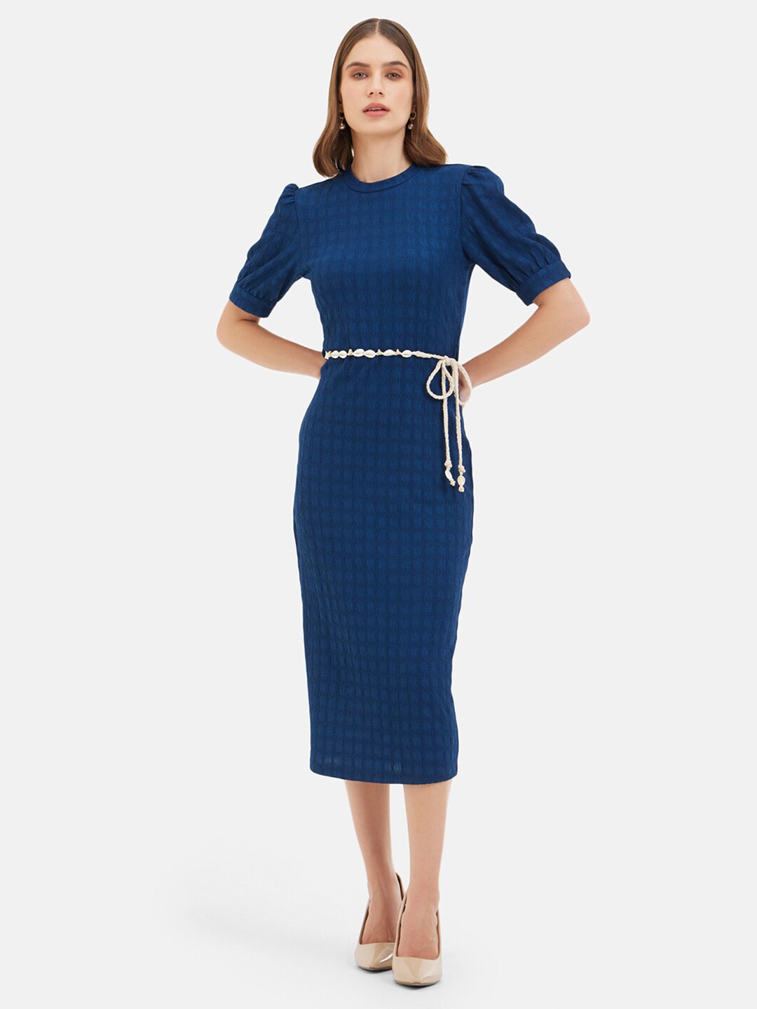 

Kazo Round Neck Puff Sleeves Cotton Bodycon Midi Dress, Blue