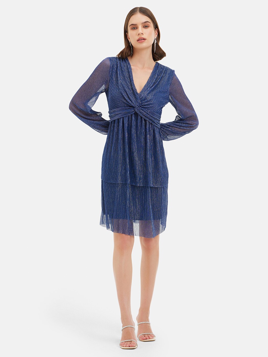 

Kazo V-Neck Puff Sleeves Satin Fit & Flare Dress, Blue
