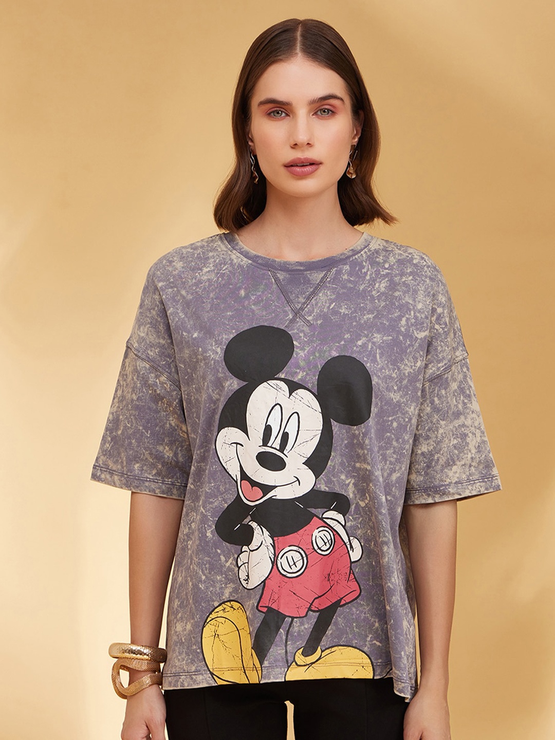 

Kazo Mickey Mouse Graphic Printed Round Neck Cotton T-shirt, Grey