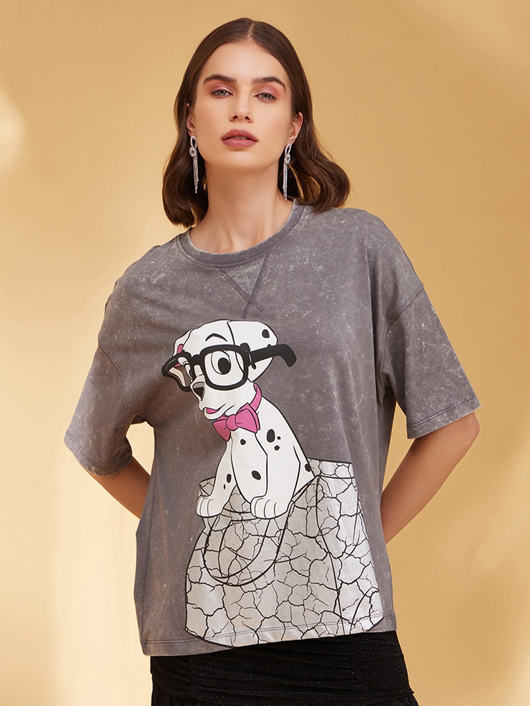 

Kazo Graphic Printed Round Neck Disney T-shirt, Grey