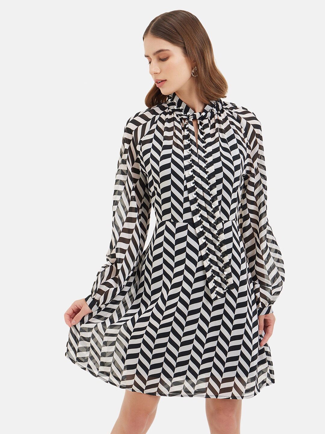 Kazo High Neck Print Georgette Puff Sleeves Fit & Flare Dress, Black