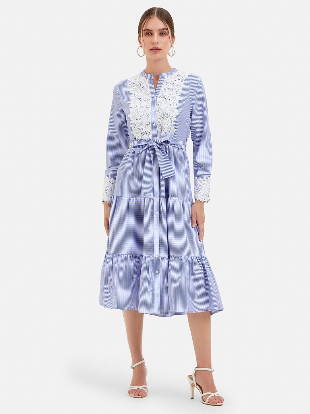 

Kazo Mandarin Collar Striped Cotton A-Line Midi Dress, Blue