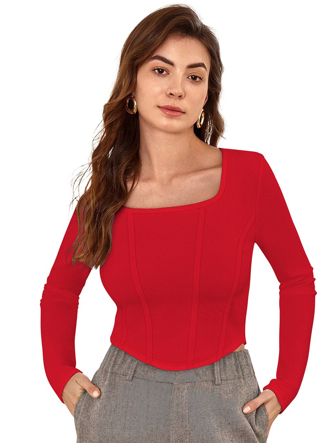 

BAESD Square Neck Long Sleeves Cotton Fitted Top, Red