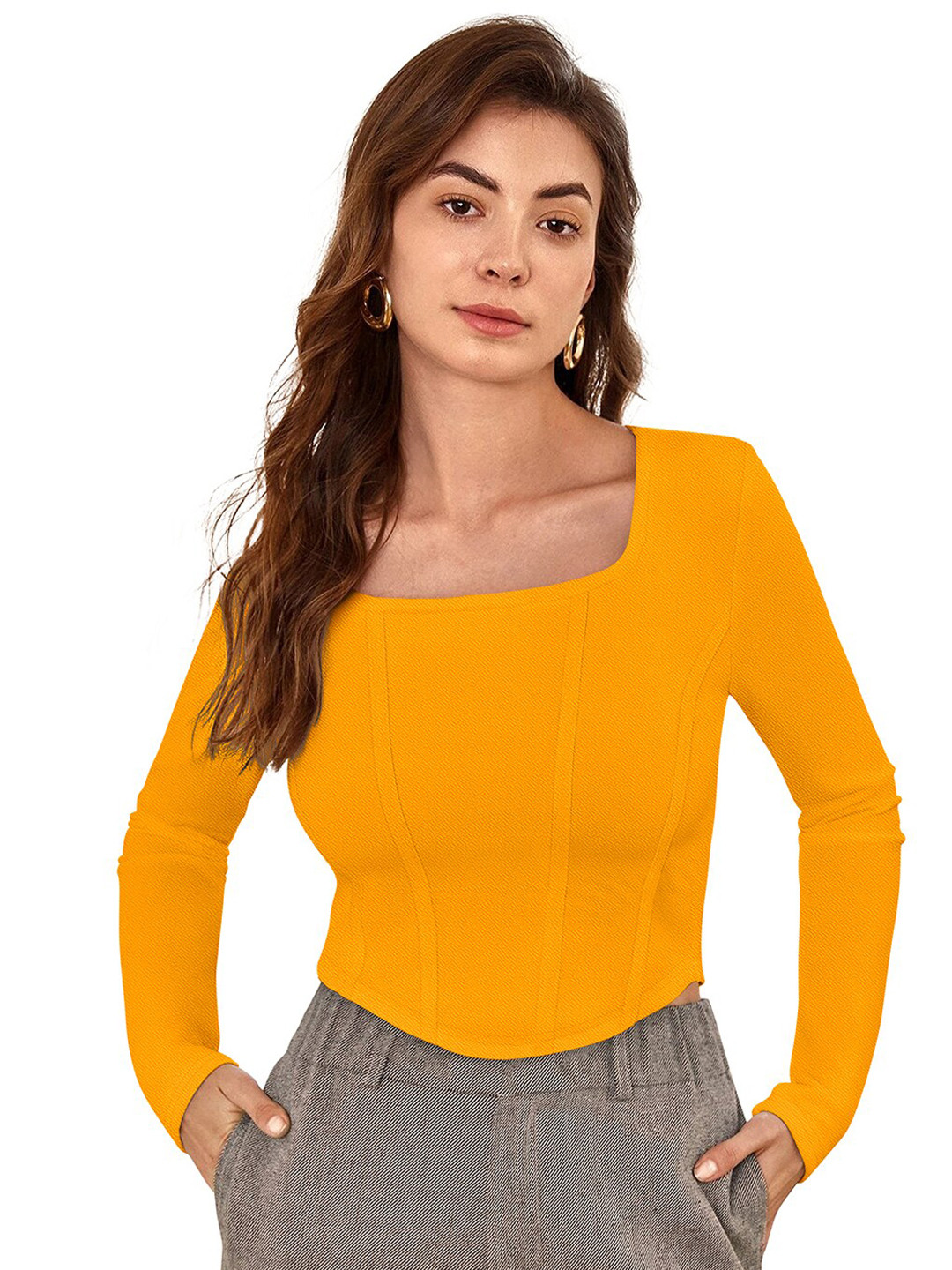 

BAESD Square Neck Long Sleeves Cotton Fitted Top, Yellow