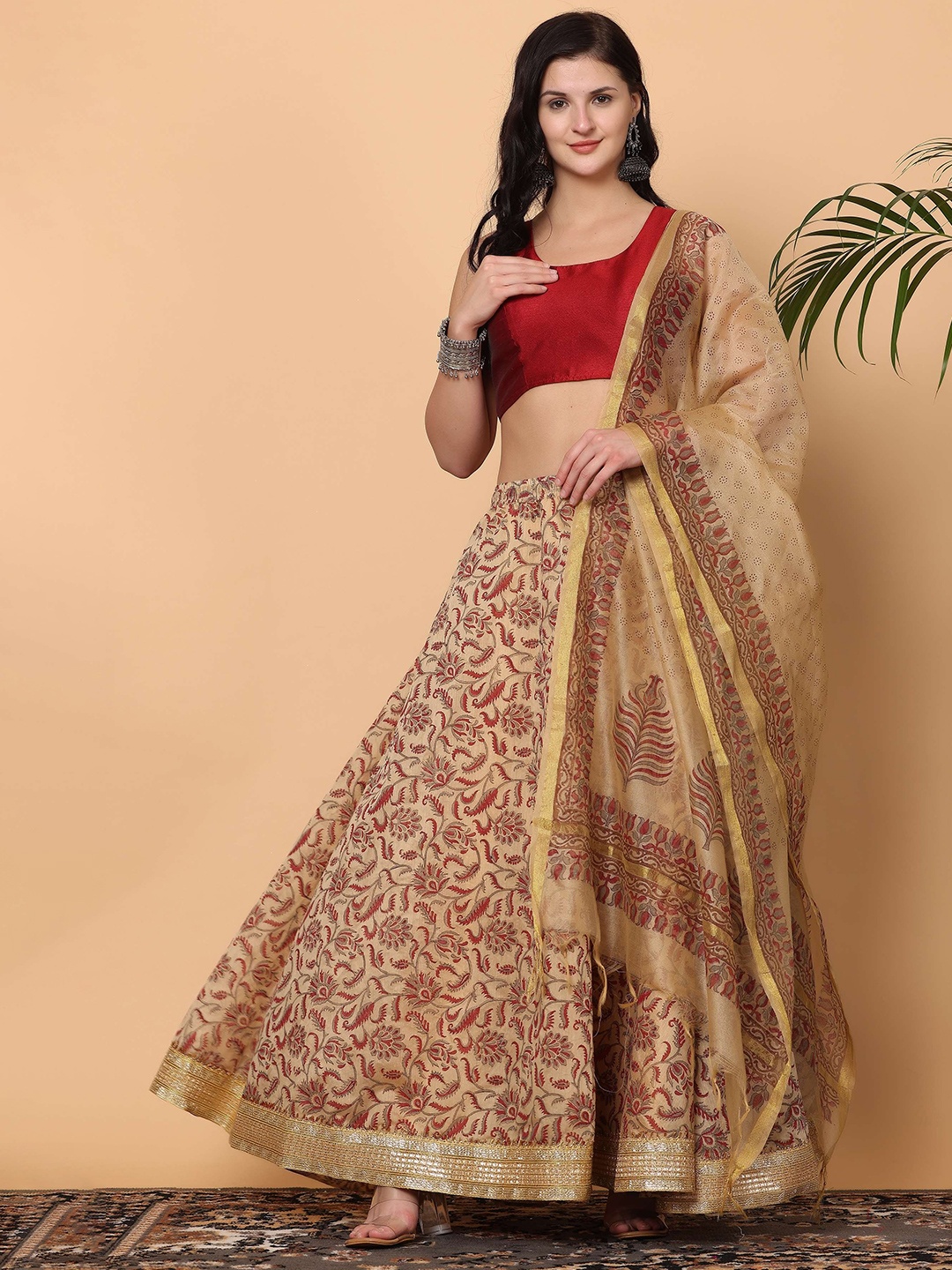 

KAANCHIE NANGGIA Shoulder Straps Ready To Wear Lehenga & Blouse With Dupatta, Beige