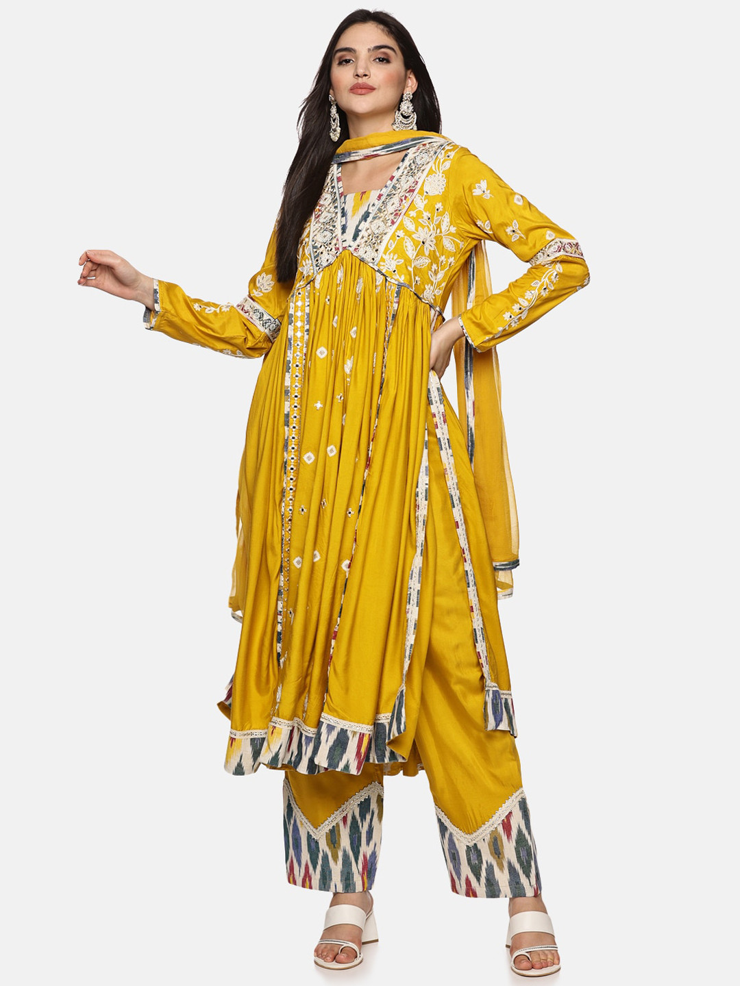 

Palakh Embroidered Pleated Mirror Work Pure Silk Kurta with Trousers & Dupatta, Yellow
