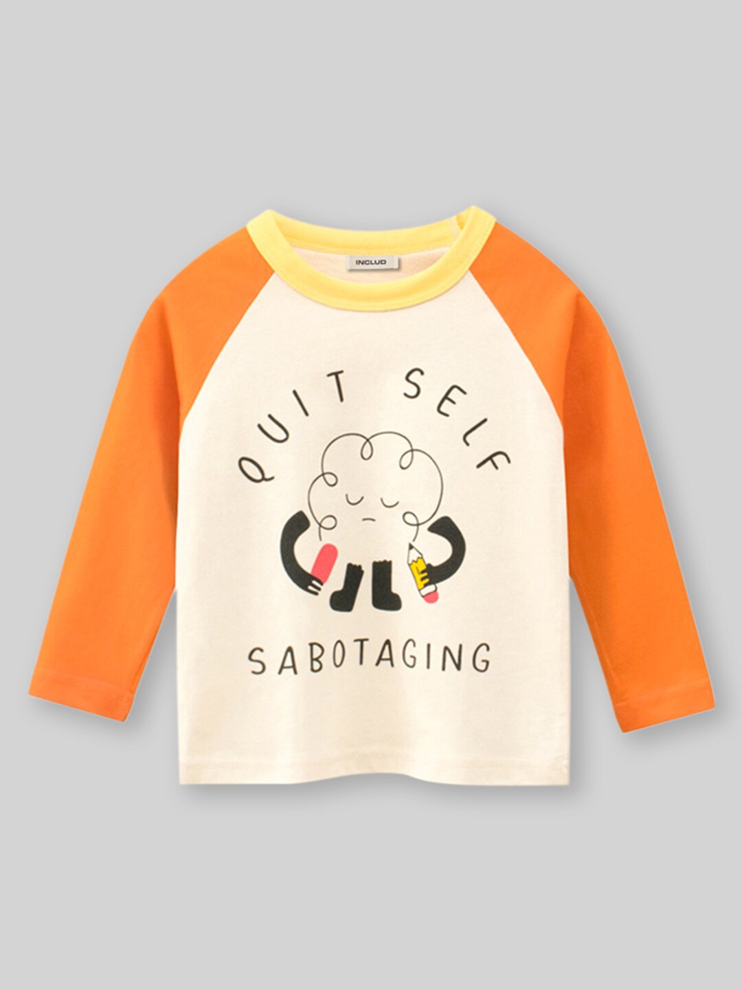

INCLUD Girls Graphic Printed Round Neck Raglan Sleeves T-shirt, Orange