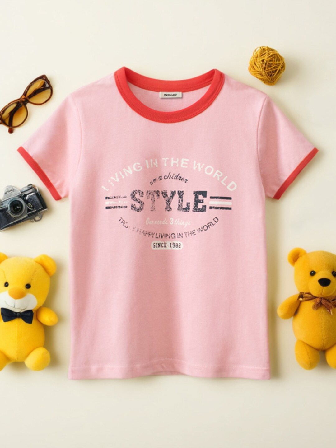

INCLUD Girls Round Neck Graphic Printed Cotton Regular Fit T-shirt, Pink