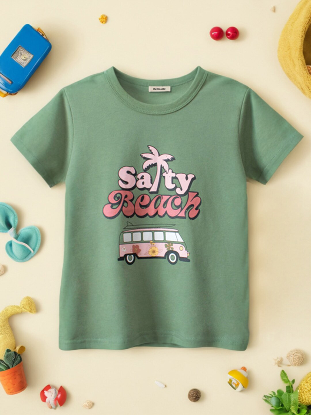 

INCLUD Girls Round Neck Typography Printed Cotton Regular Fit T-shirt, Green
