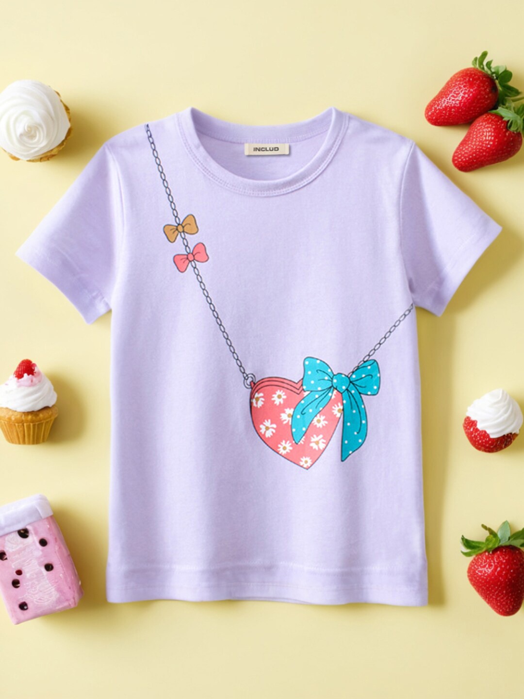 

INCLUD Girls Round Neck Graphic Printed Cotton Regular Fit T-shirt, Purple