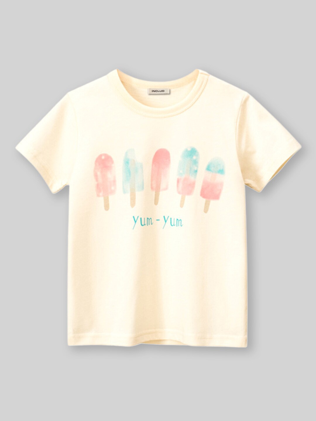 

INCLUD Girls Round Neck Graphic Printed Cotton Regular Fit T-shirt, Beige