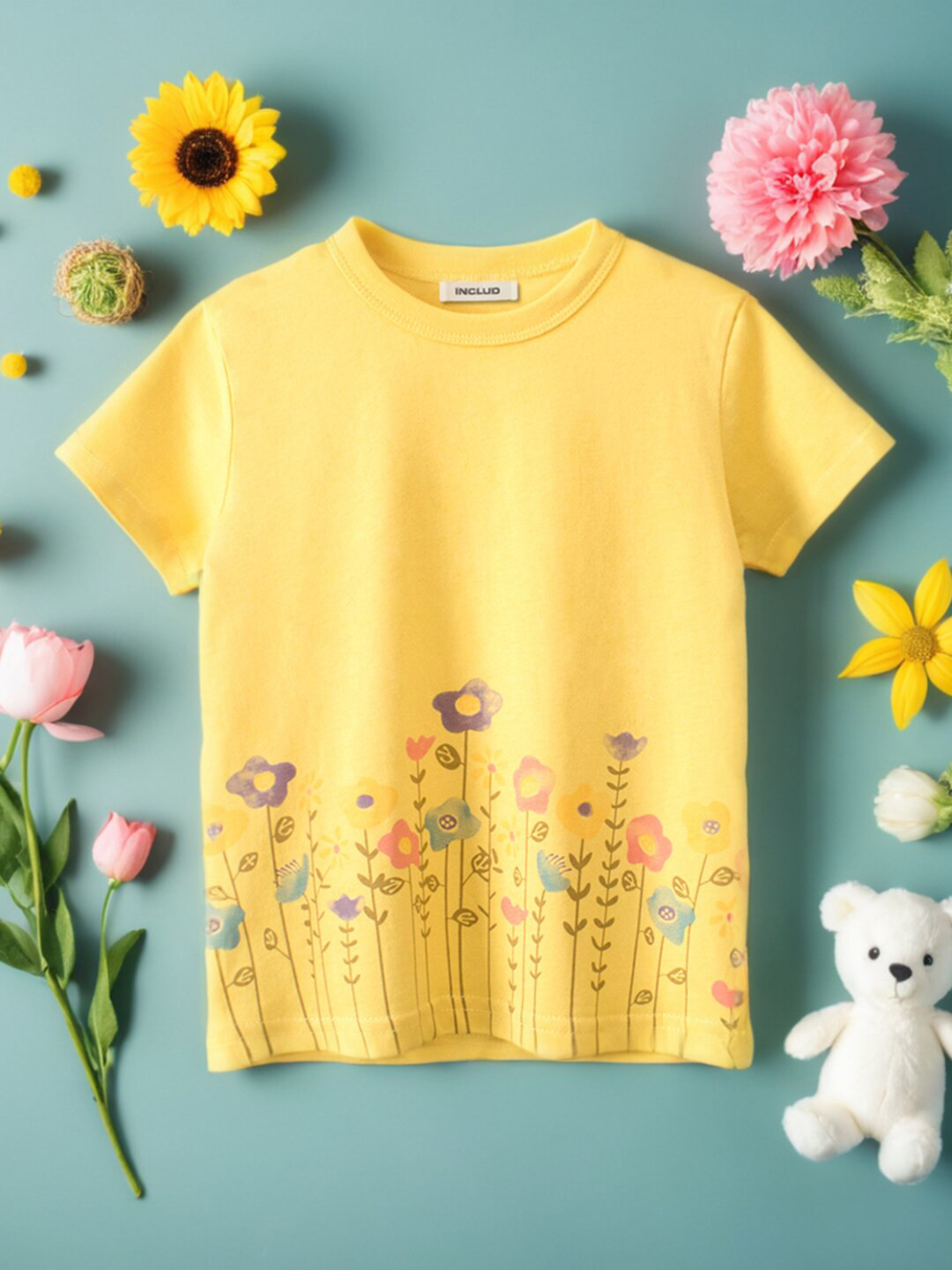 

INCLUD Girls Graphic Printed Round Neck Short Sleeves T-shirt, Yellow