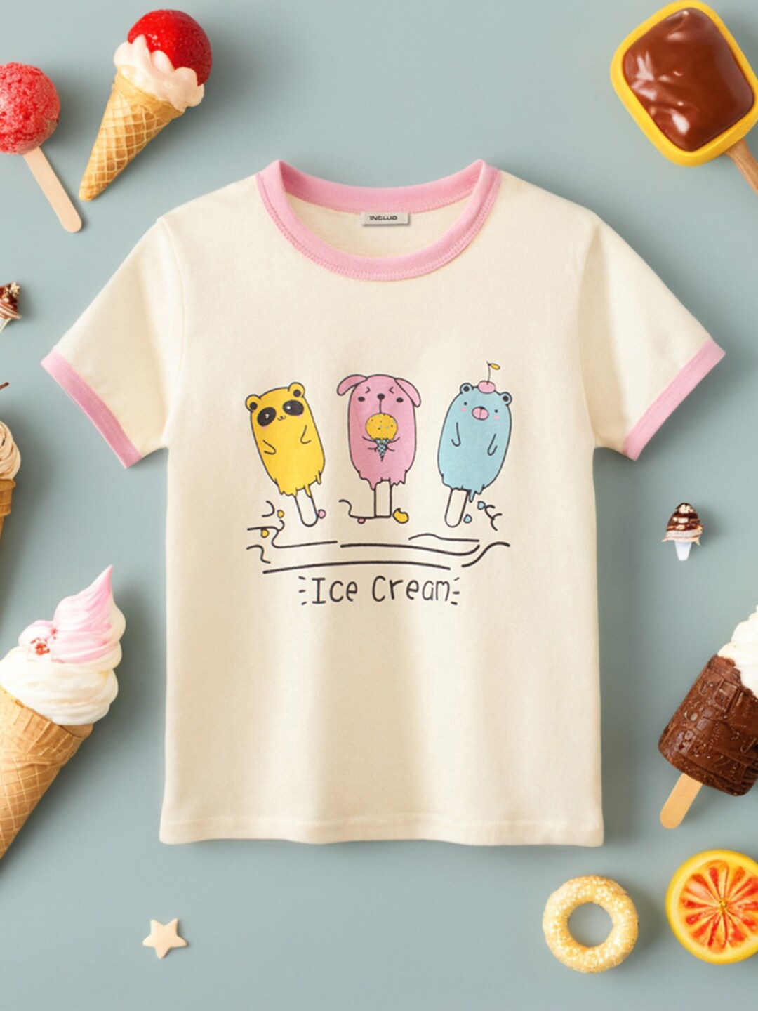 

INCLUD Girls Round Neck Graphic Printed Cotton Regular Fit T-shirt, Beige