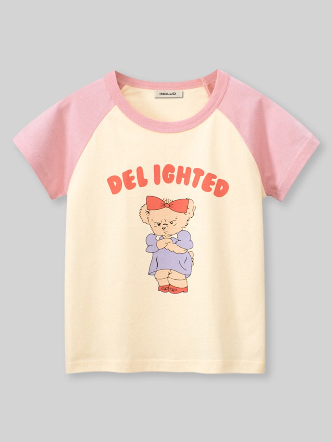 

INCLUD Girls Round Neck Graphic Printed Cotton Regular Fit T-shirt, Pink