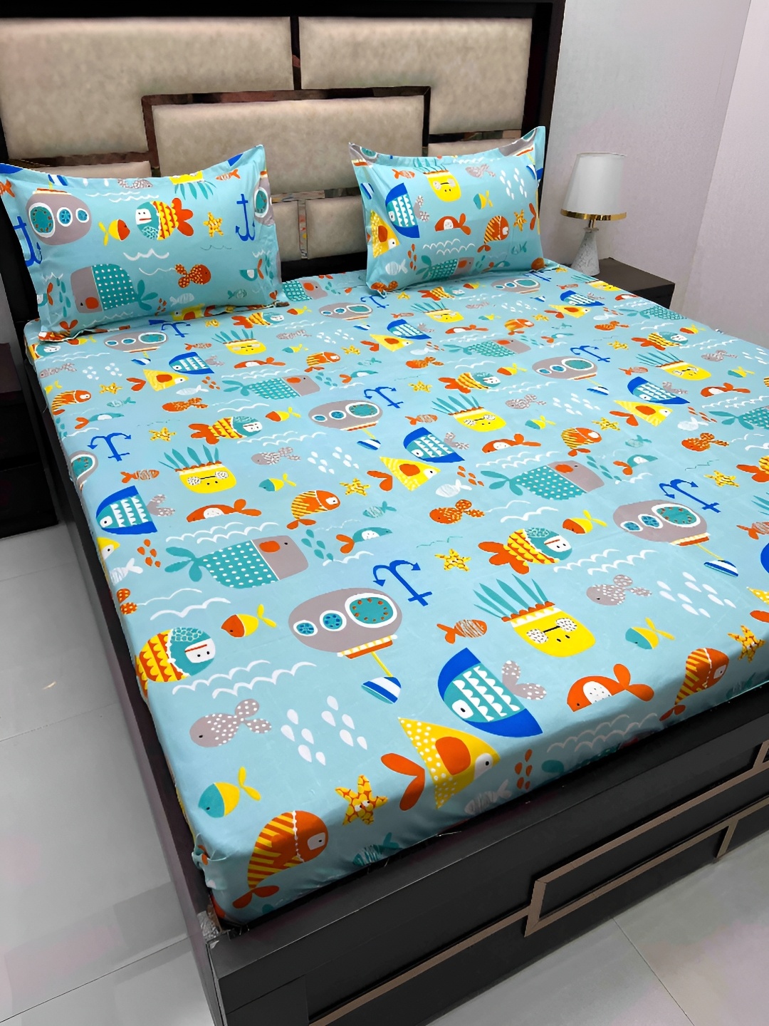 

Pure Decor Blue & Orange Cartoon Characters 260 TC Queen Bedsheet with 2 Pillow Covers