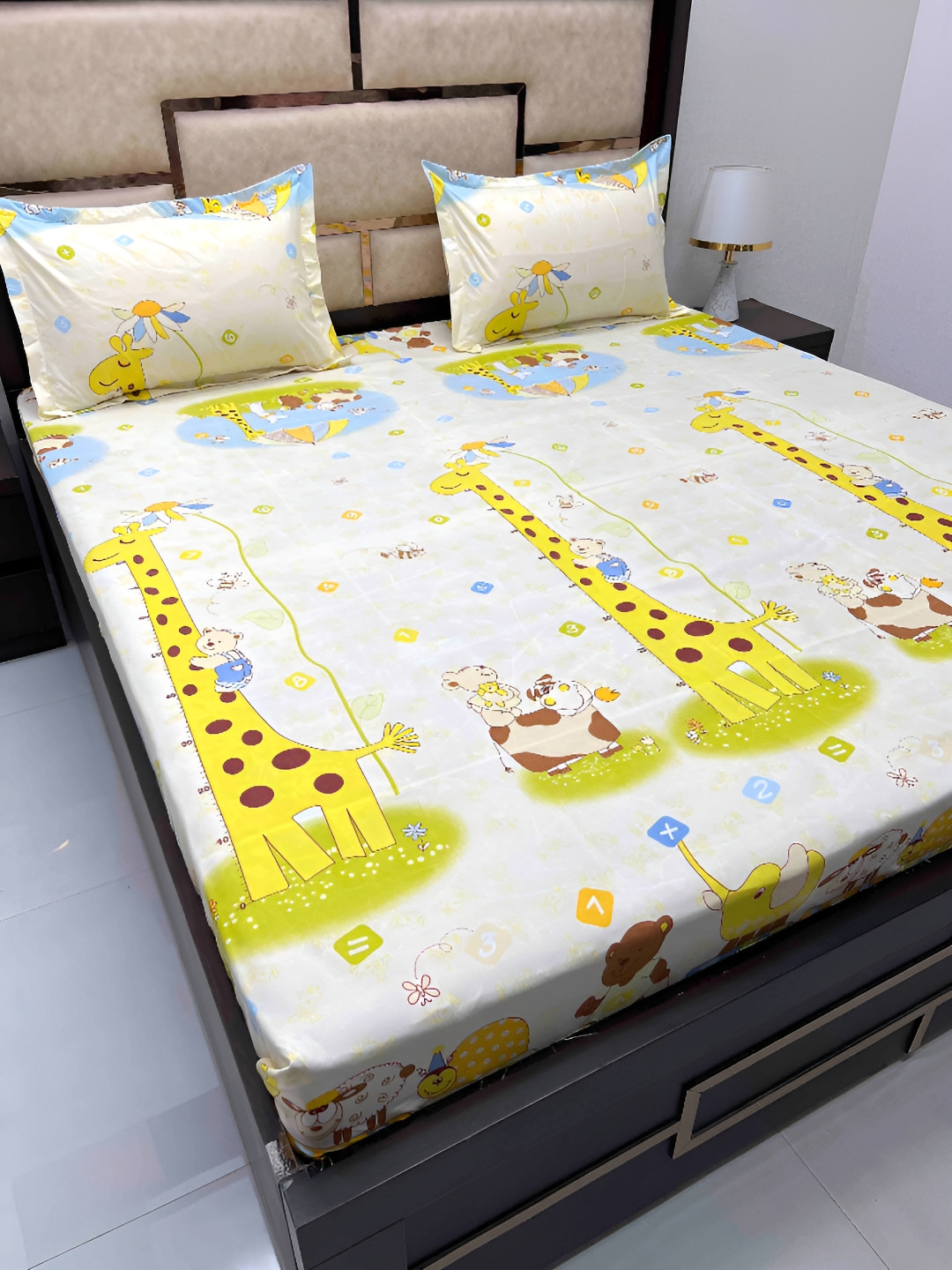

Pure Decor Beige Cartoon Characters Cotton 260 TC Queen Bedsheet with 2 Pillow Covers