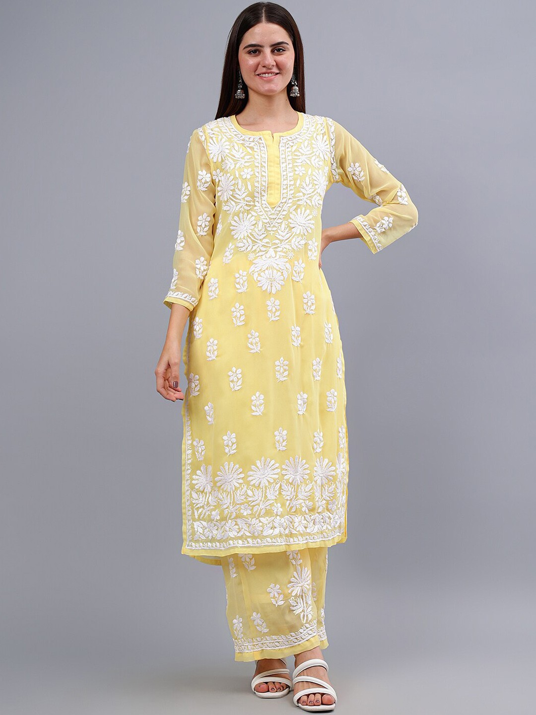 

Seva Chikan Ethnic Motifs Embroidered Straight Lucknowi Chikankari Kurta with Palazzos, Yellow