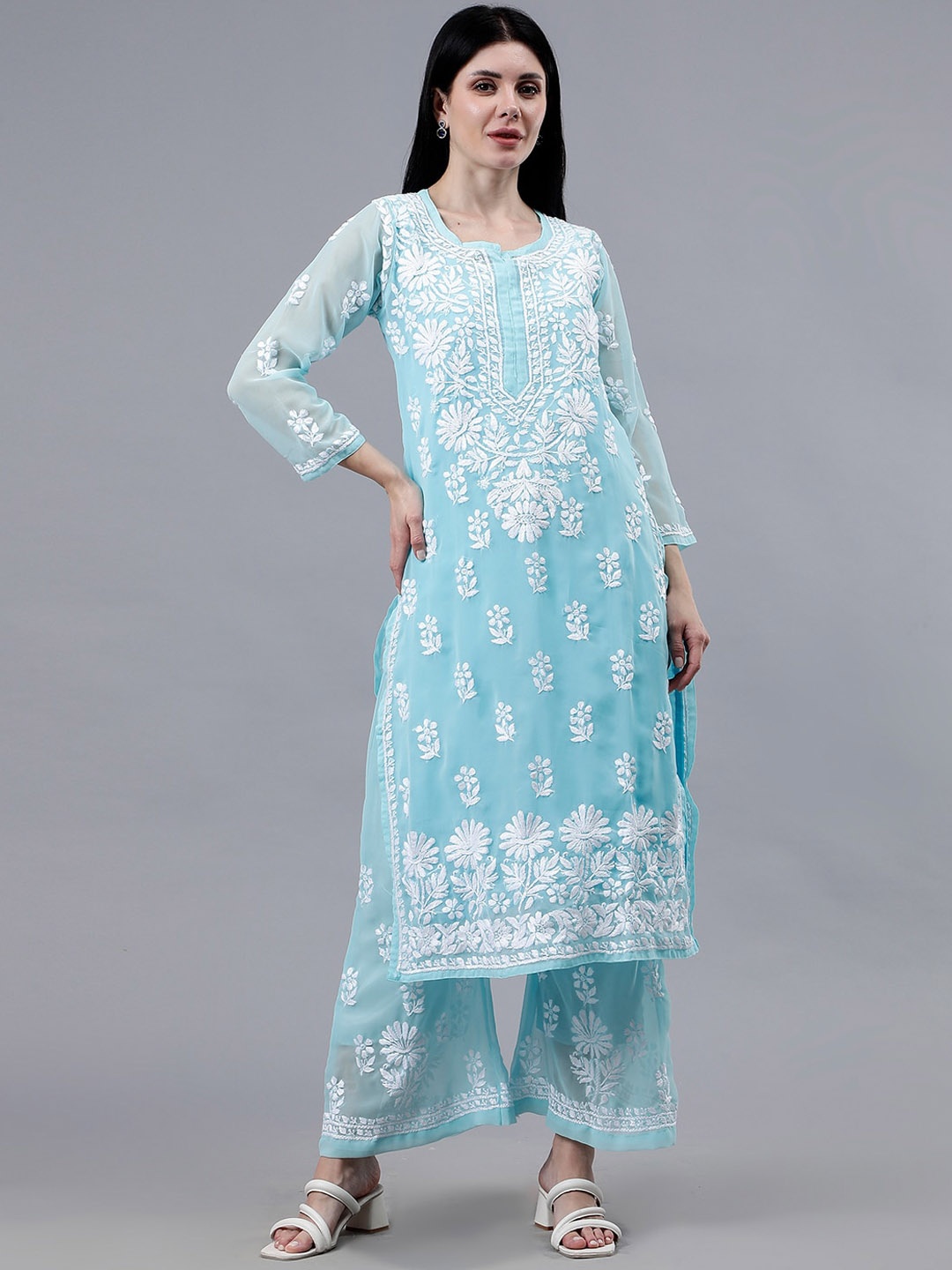 

Seva Chikan Ethnic Motifs Embroidered Straight Lucknowi Chikankari Kurta with Palazzos, Blue