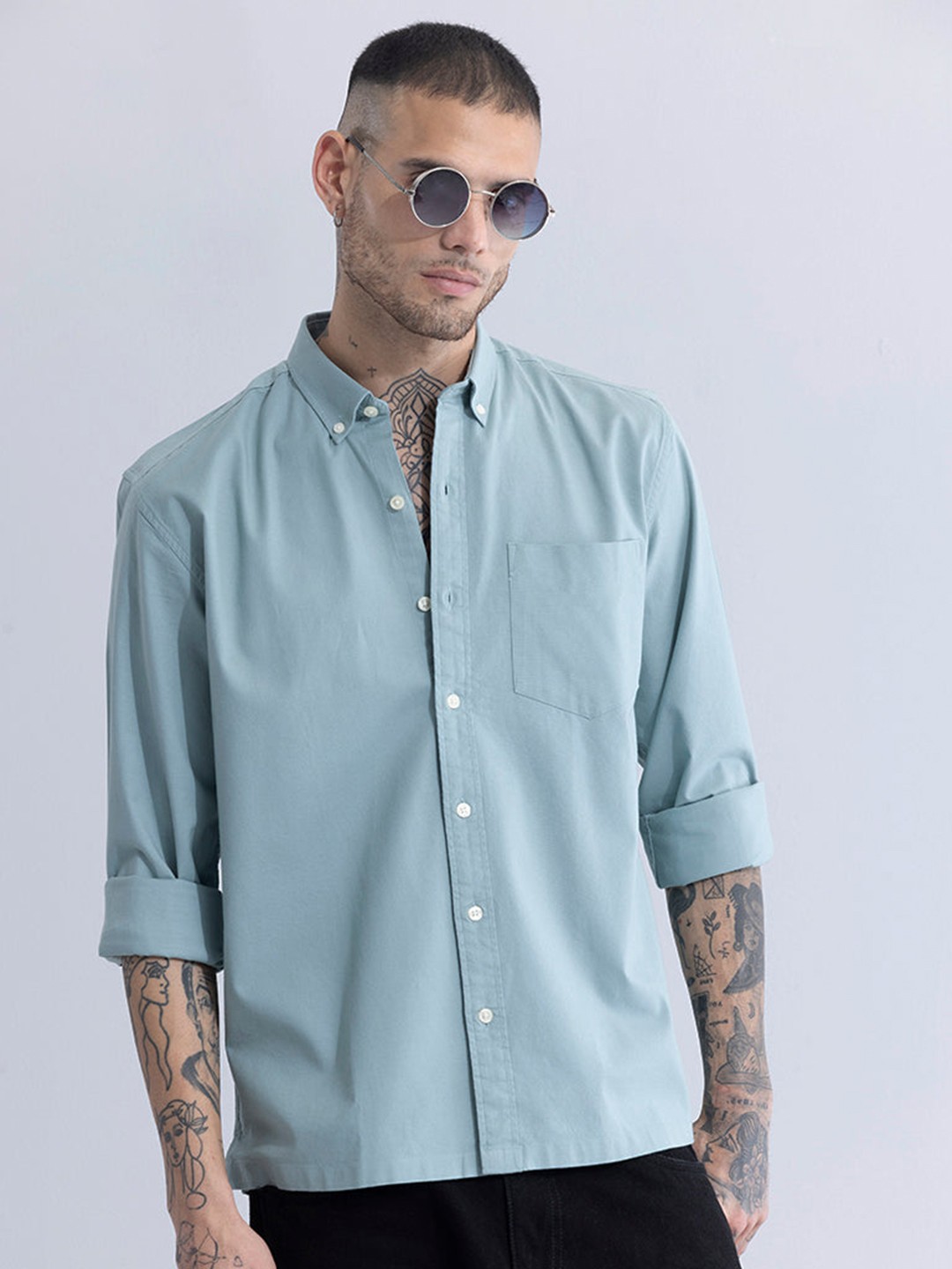 

Snitch Blue Classic Slim Fit Button-Down Collar Long Sleeves Casual Shirt