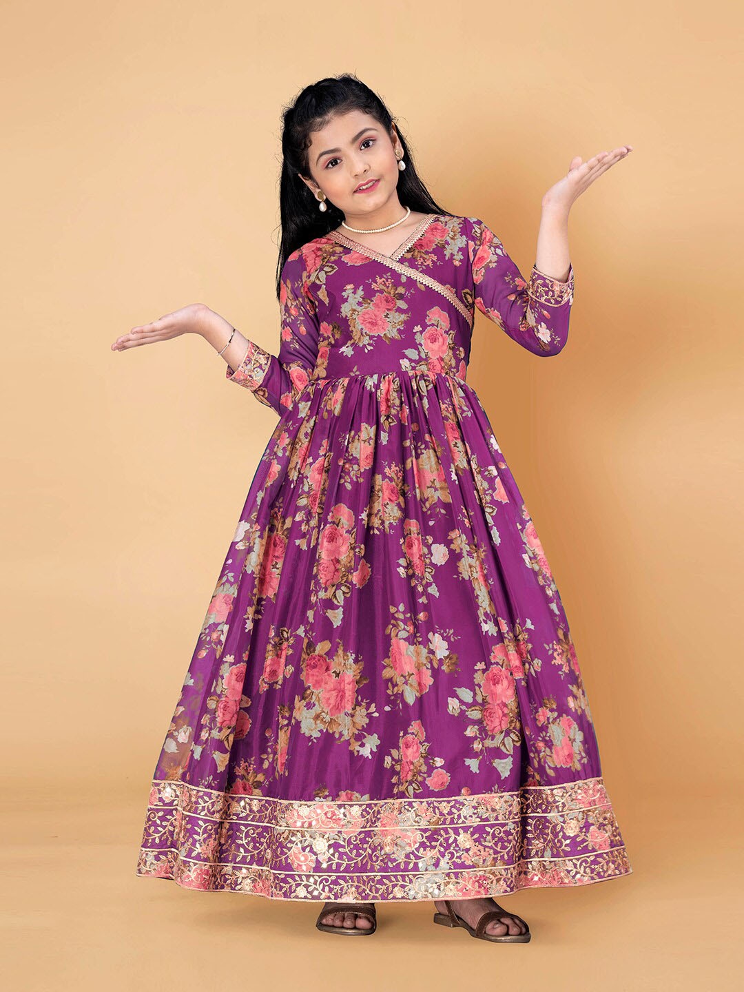 

FASHION DREAM Girls Floral Printed V-Neck Maxi Dress, Purple