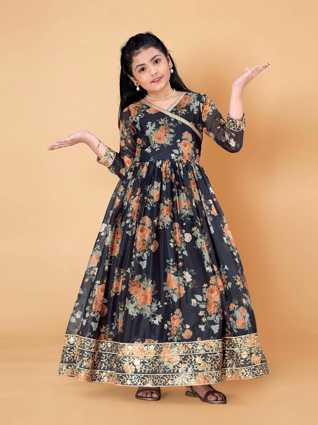 

FASHION DREAM Girls Floral Printed V-Neck Maxi Dress, Black