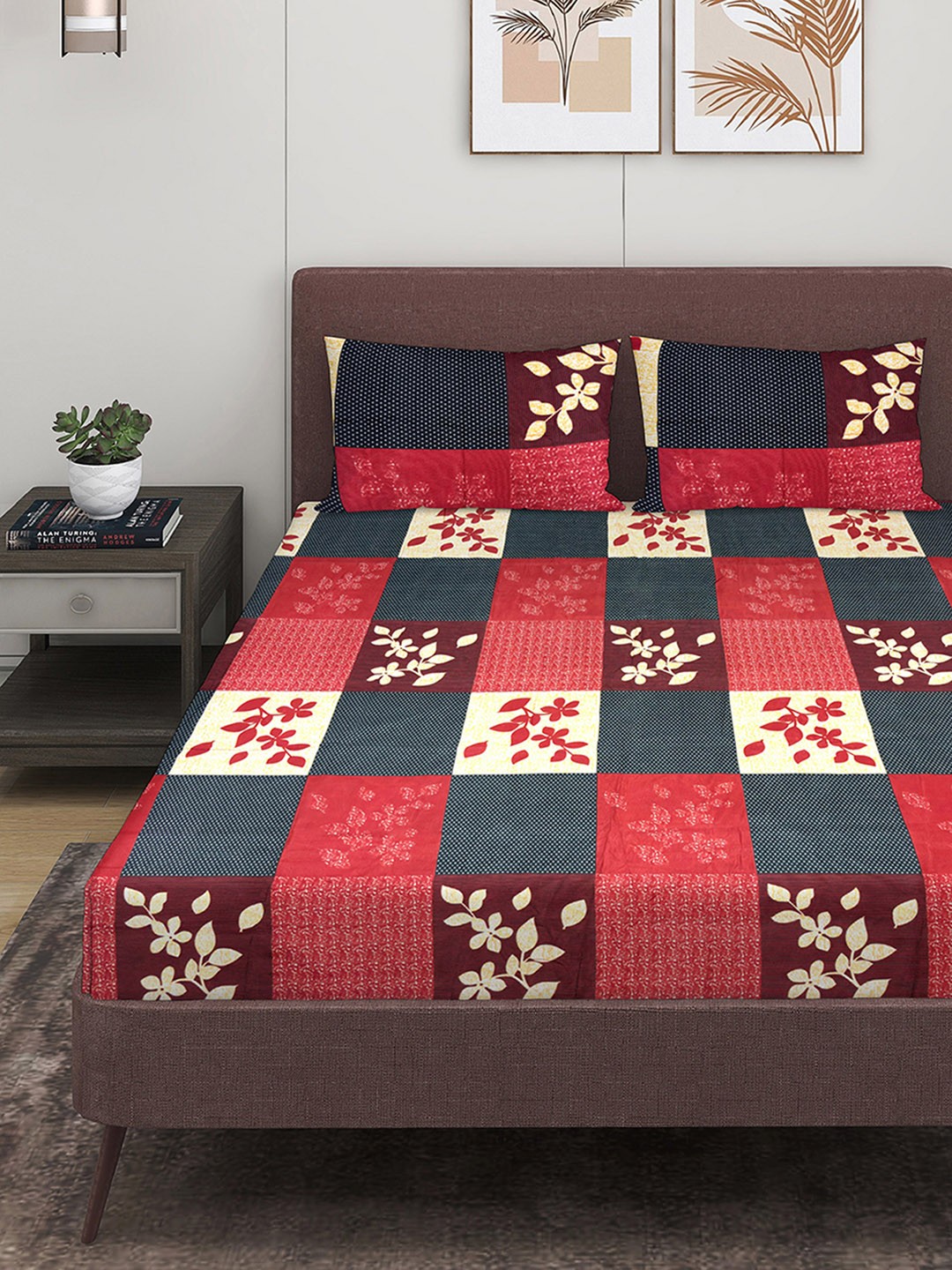 

ROMEE Red & Black Floral 144 TC Queen Bedsheet with 2 Pillow Covers