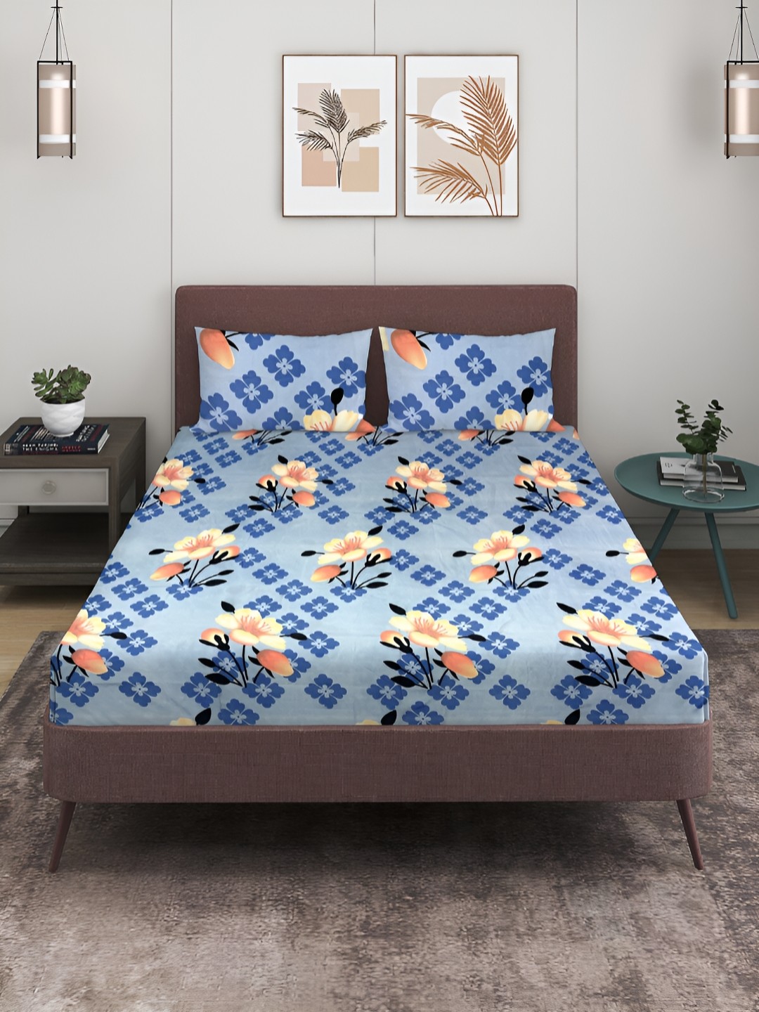 

ROMEE Blue & Peach-Coloured Floral 144 TC Queen Bedsheet with 2 Pillow Covers