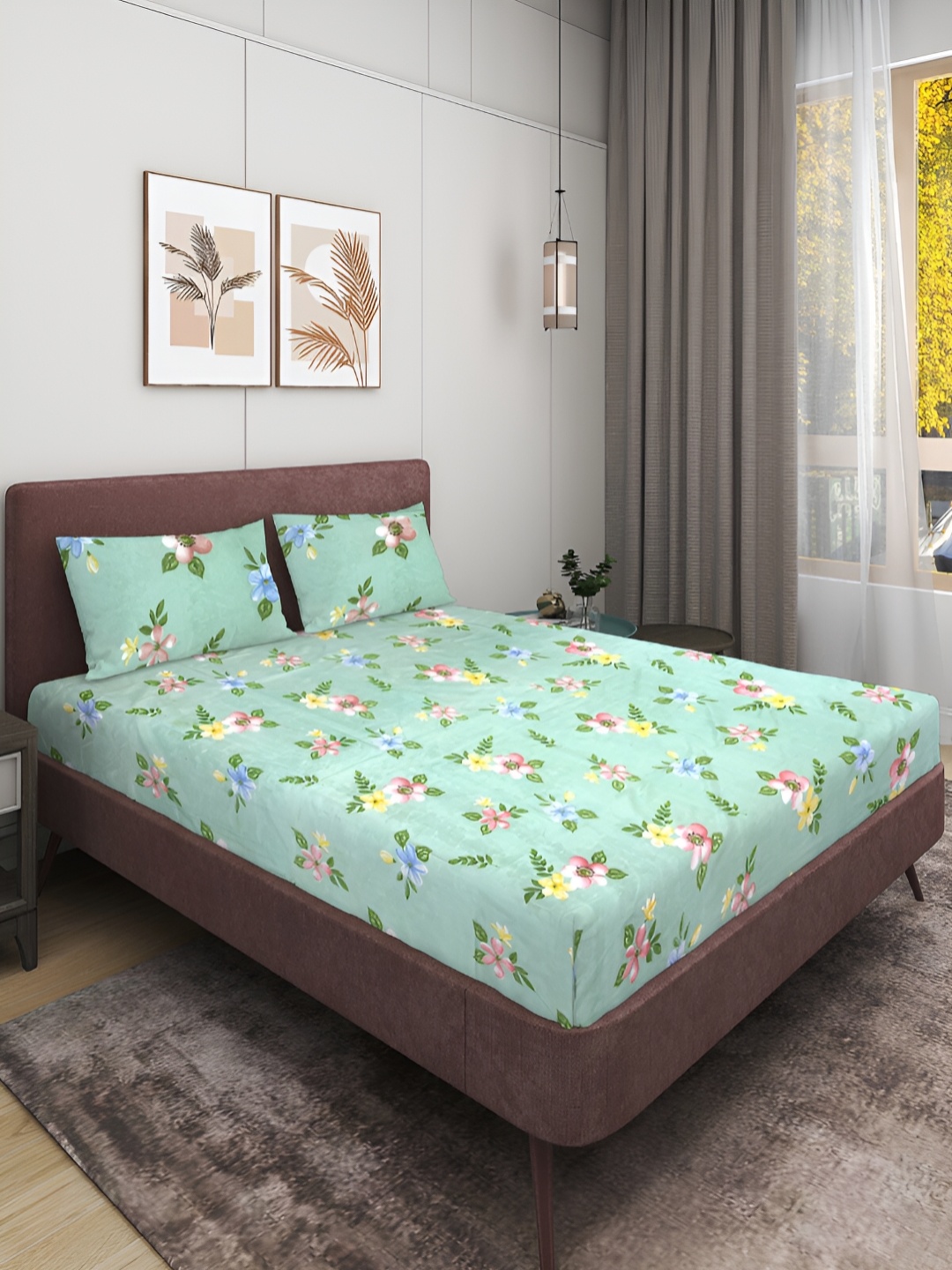 

ROMEE Sea Green & Pink Floral 144 TC Queen Bedsheet with 2 Pillow Covers